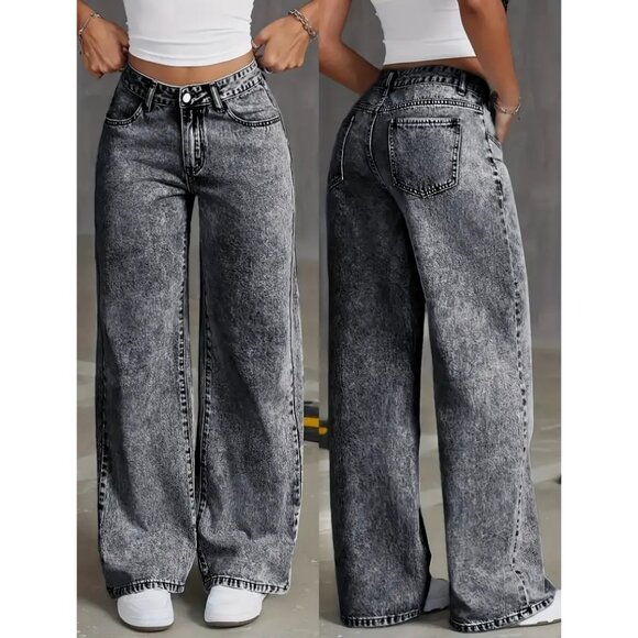 Women's High-Waist Straight Leg Jeans – Medium Stretch Denim with Snowflake Wash - Picture 1 of 5